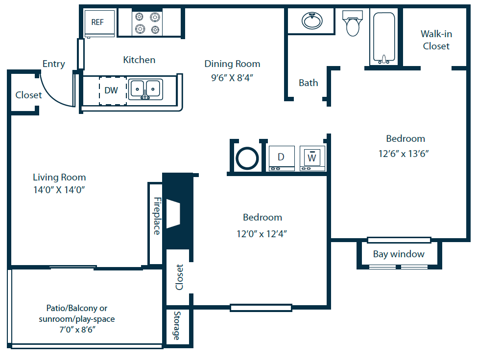 Floor plan for 2 beds, 1 bath, 1055 sqft